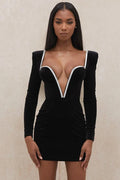 Long Sleeve Deep V Neck Crystal Padded Mini Dress