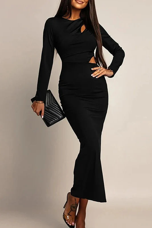 Hollow Out Long Sleeve O-Neck Bodycon Maxi Dress