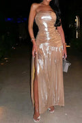 Hollow Out Off Shoulder Sleeveless Fit Pleated High Split Maxi Dress