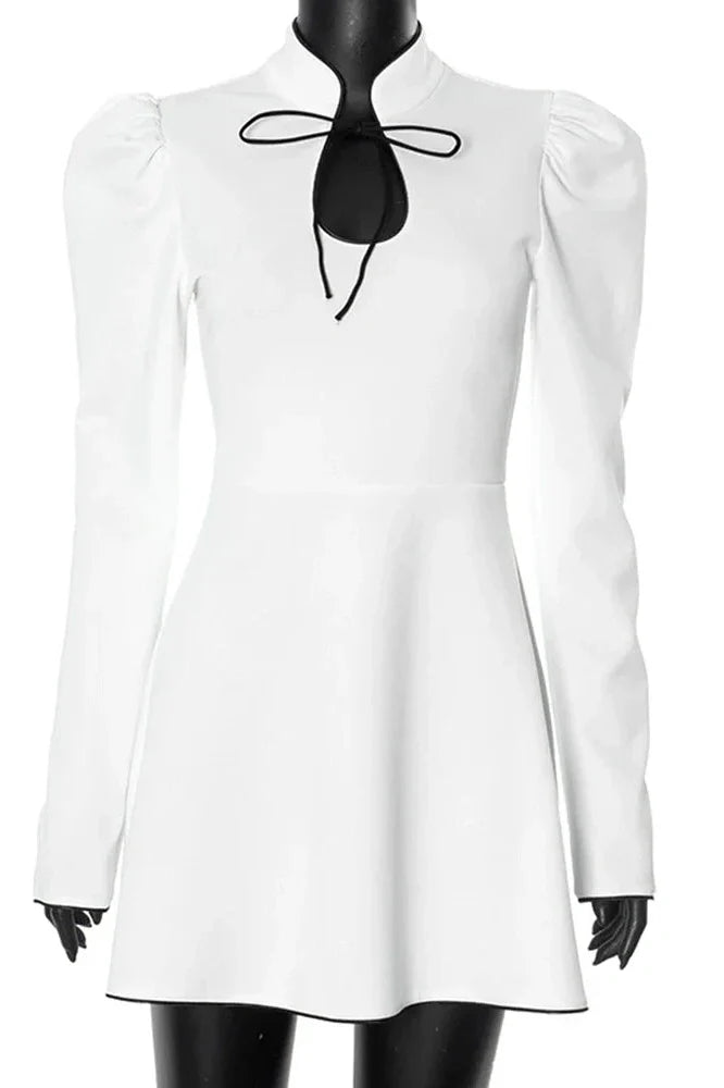 Hollow Out Puff Sleeve Lace Up A-Line Mini Dress
