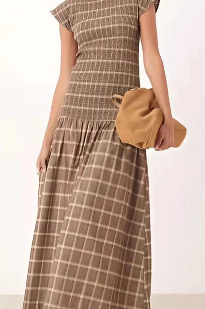 O-Neck Short Sleeve High Waist Pleated Printed Slim Maxi Dress