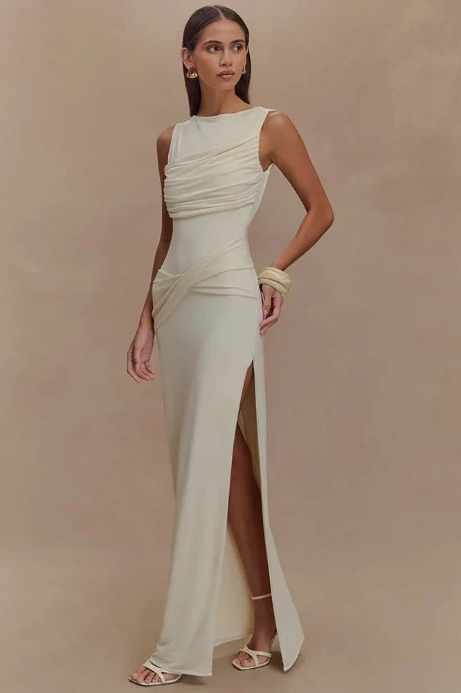 Backless O Neck High Split Bodycon Maxi Dress