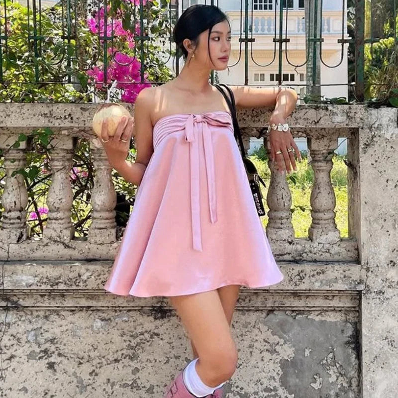 Strapless Sleeveless Lace Up Mini Dress