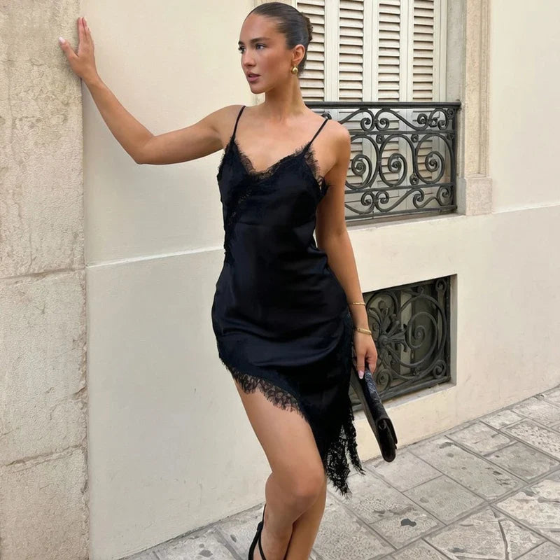 Lace Spaghetti Strap Slit Bodycon Mini Dress
