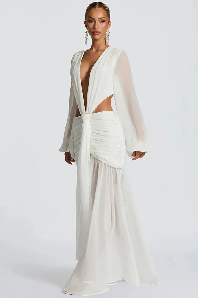 Hollow Out Deep V Neck Long Sleeve Backless Maxi Dress