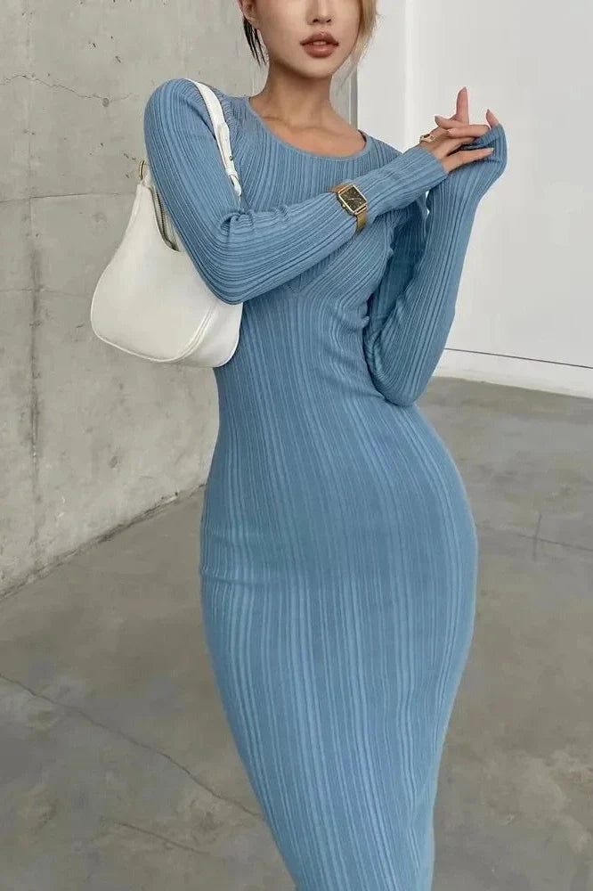 Long Sleeve Slim High Waist Patchwork Midi Dress
