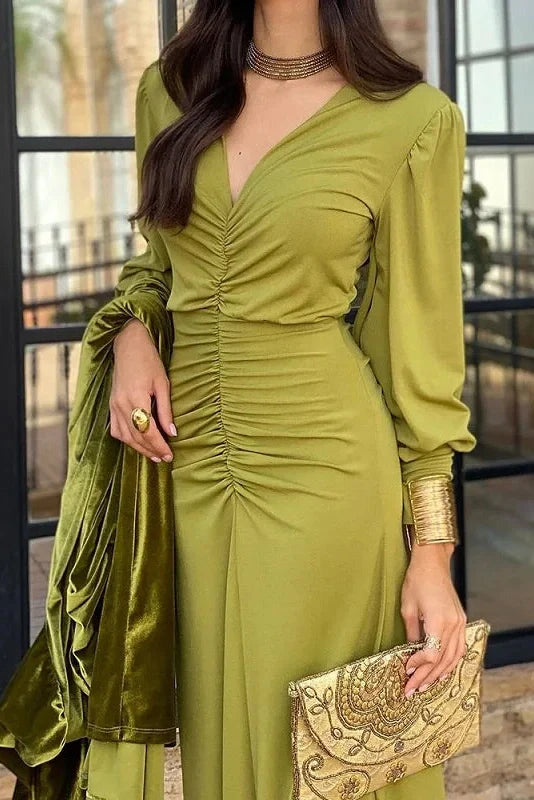 V Neck Slim Pleated A-Line Long Sleeve Maxi Dress