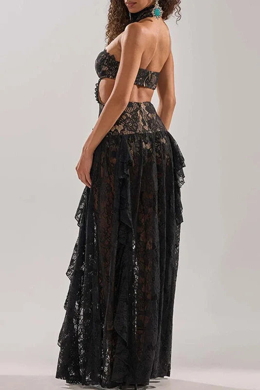 Lace Hollow Out Sleeveless High Waist Pleated Maxi Dress