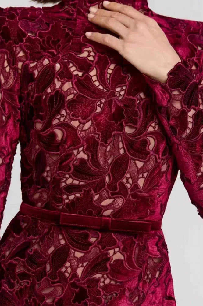 Hollow Out Lace Embroidery Long Sleeve High Waist Midi Dress
