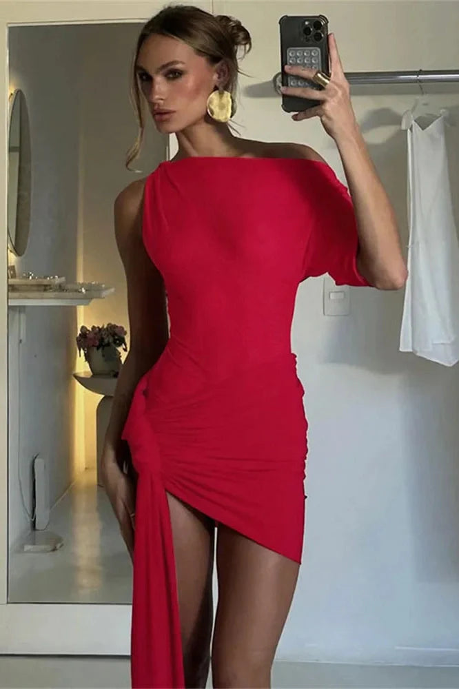 One-Shoulder Slim Patchwork Bodycon Mini Dress