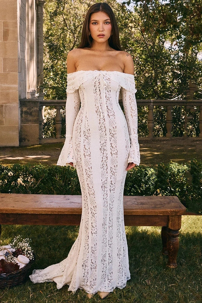 Lace Off-shoulder Strapless Long Sleeve Backless Maxi Dress