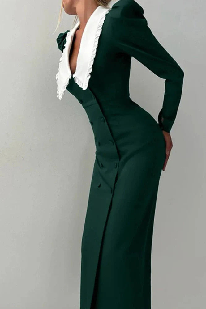 Elegant Long Sleeve Double Breasted Midi Dress