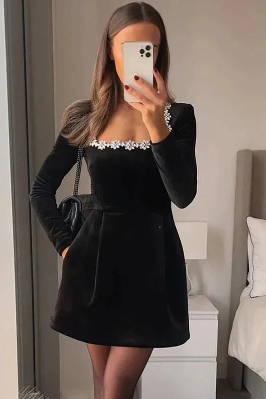 Elegant Square Neck Velvet Slim A-Line Long Sleeve Mini Dress