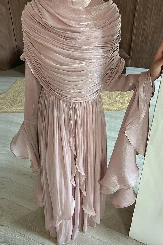 Elegant O-Neck High Waist Pleated Irregular Maxi Dress