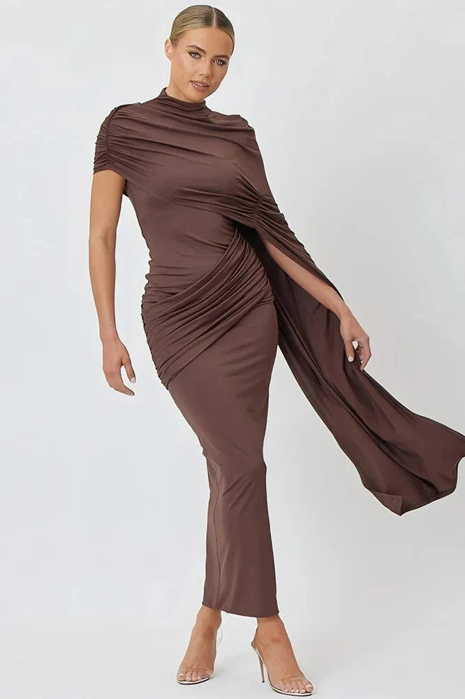Elegant High Collar Short Sleeve High Waist Maxi Dress