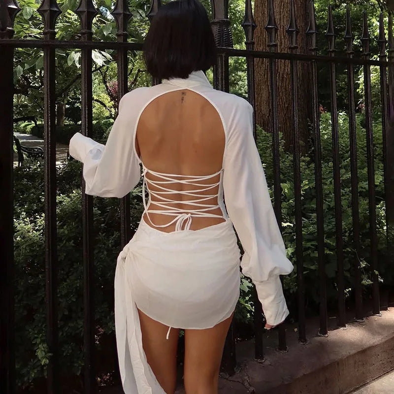 Lace Up Backless Tie Ribbon Long Sleeve Mini Dress