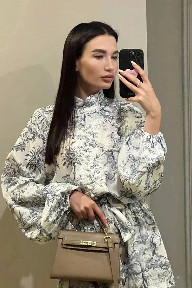 Elegant Printed Lace Up Long Sleeve Mini Dress