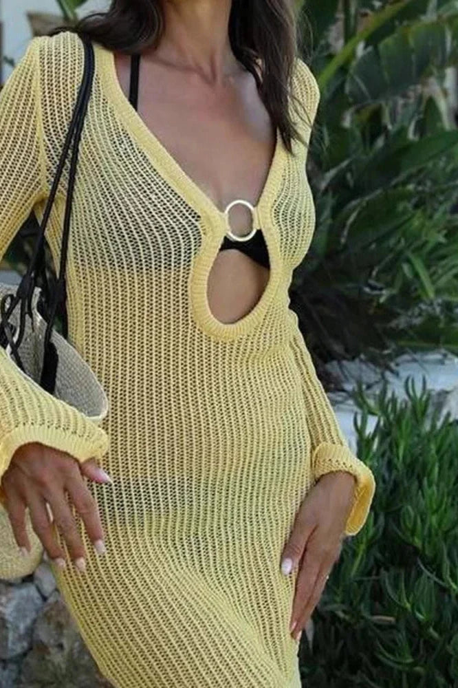 Elegant High Waist See-Through V-Neck Mesh Slim Mini Dress