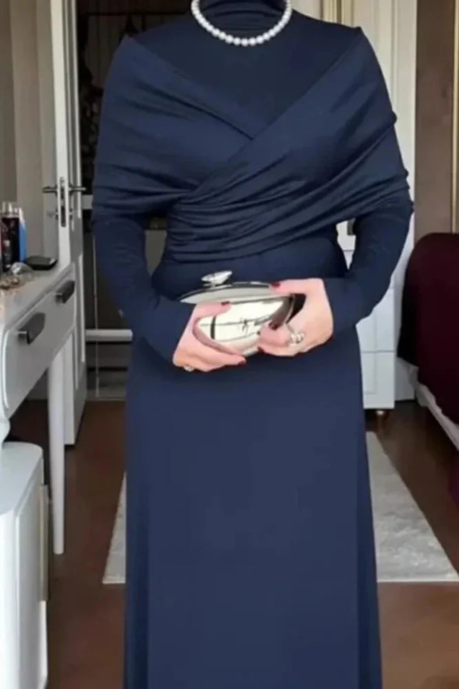 Elegant High Waist Long Sleeve Slim Pleated Irregular Maxi Dress