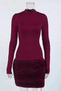 Turtleneck Long Sleeve Patchwork High Waist Bodycon Mini Dress