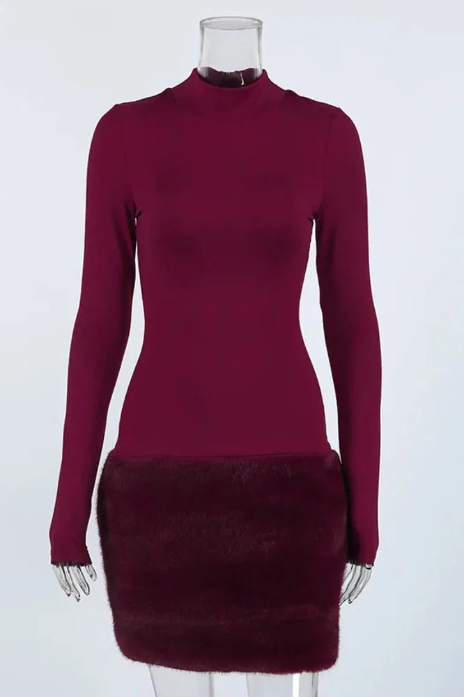 Turtleneck Long Sleeve Patchwork High Waist Bodycon Mini Dress