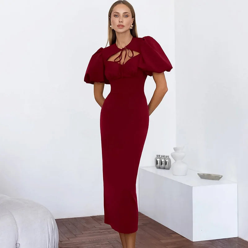 Elegant Hollow Out Lace-Up Patchwork Maxi Dress