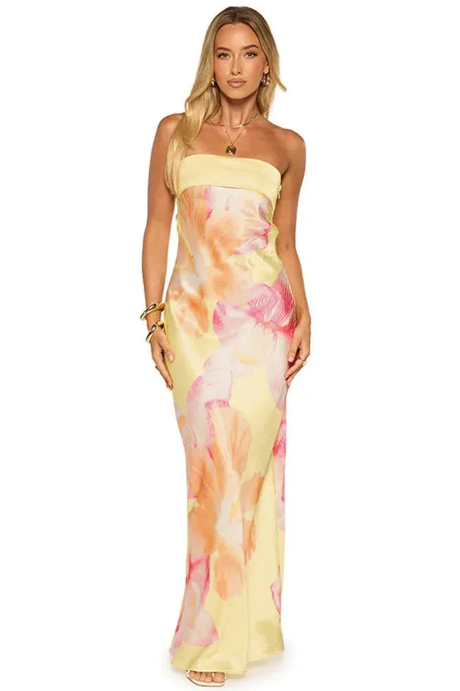 Printed Off-Shoulder Strapless Sleeveless Backless Maxi Dress