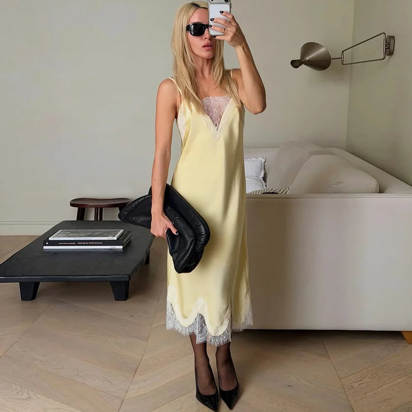 Lace Sleeveless Deep V-Neck Loose Midi Dress