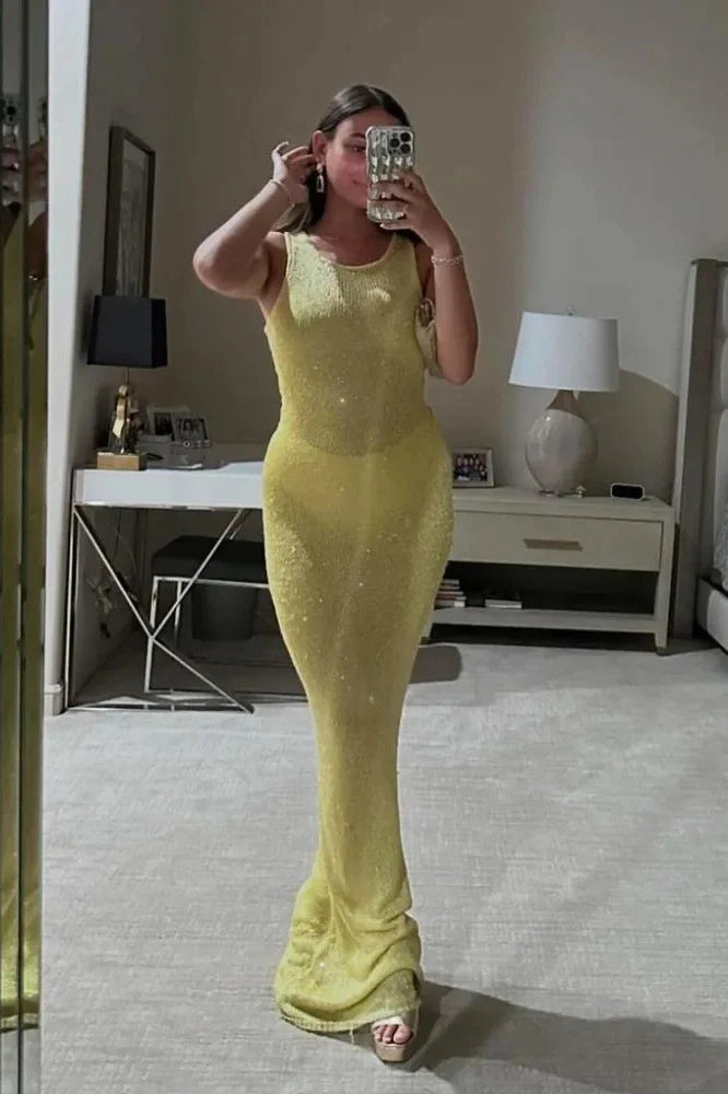Elegant Slim Backless See-Through Patchwork Maxi Dress