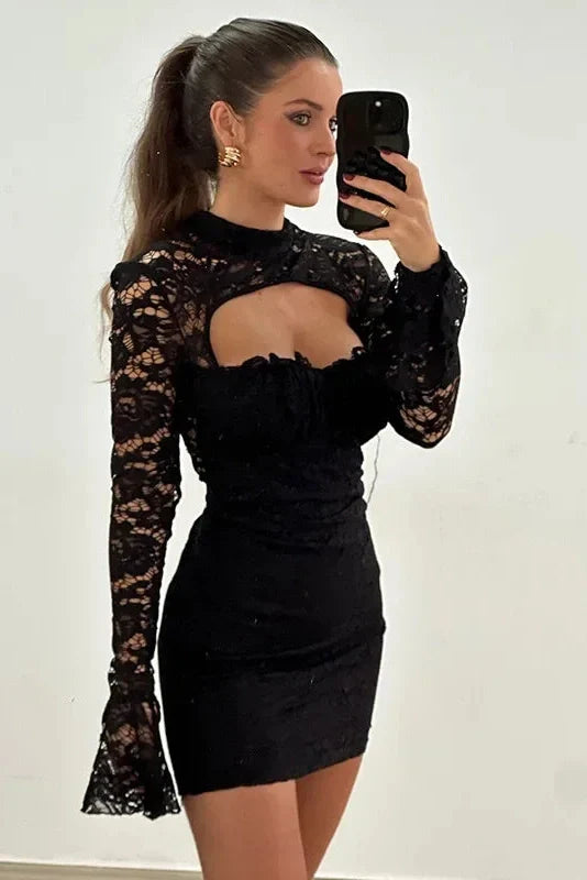 Elegant Lace Hollow Out Slim Flare Sleeve Mini Dress