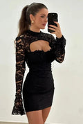 Elegant Lace Hollow Out Slim Flare Sleeve Mini Dress
