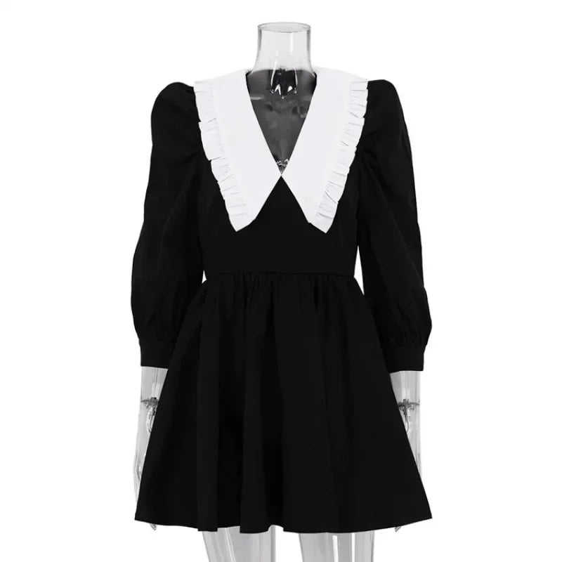 Patchwork Long Sleeve Pleated Mini Dress