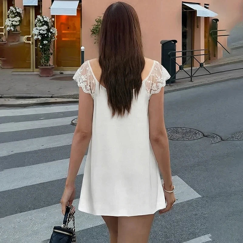 Lace Square Collar Short Sleeve Loose Mini Dress