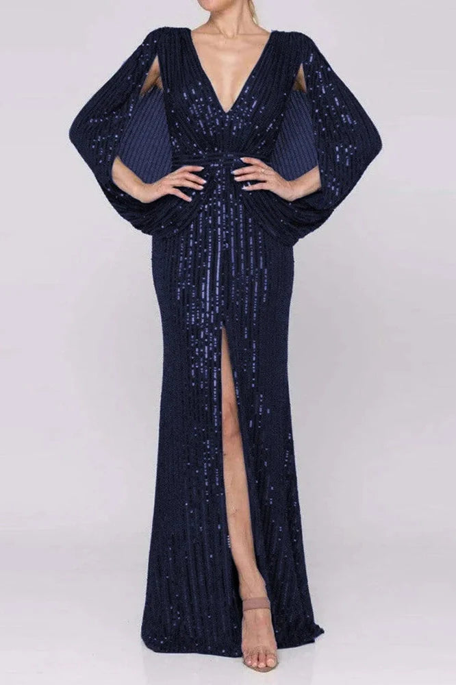 V-Neck High Waist Sleeves Pleat Maxi Dress
