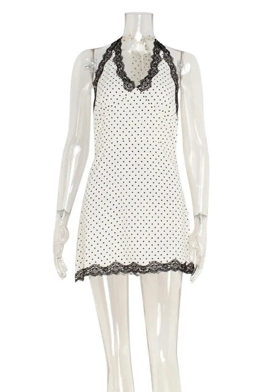 Polka Dot V-Neck Lace Slim Backless Mini Dress
