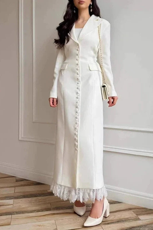 Long Sleeve Single Breasted V-Neck Lace Maxi Dress