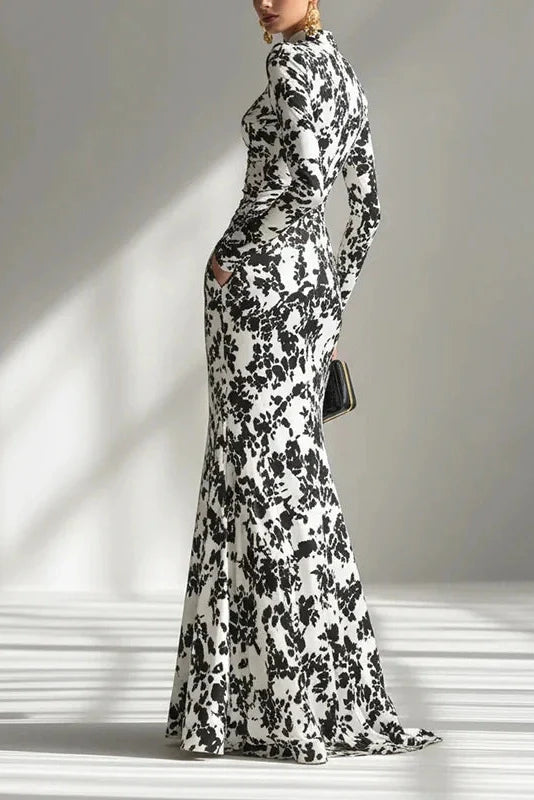 Long Sleeve Slim Pleated High Waist Printed Maxi Dress