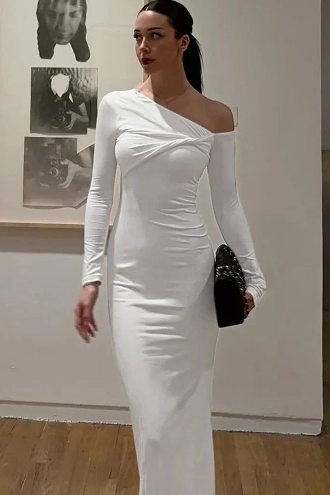 Inclined Shoulder Long Sleeve Backless Bodycon Maxi Dress