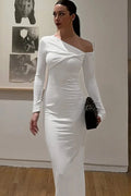 Inclined Shoulder Long Sleeve Backless Bodycon Maxi Dress