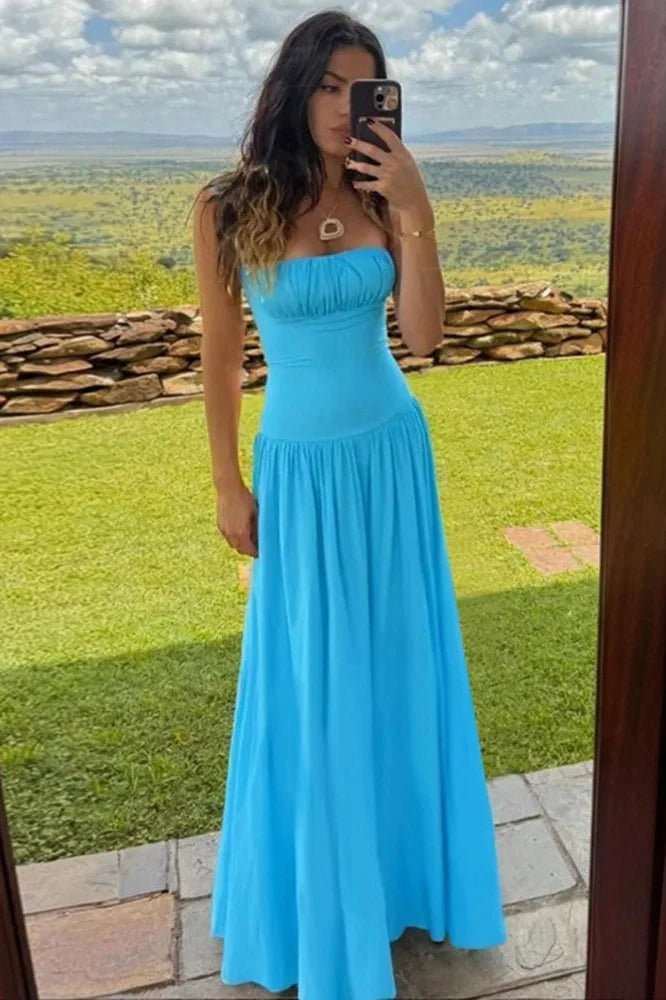 Spaghetti Strap Backless Sleeveless High Waist Pleated Maxi Dress