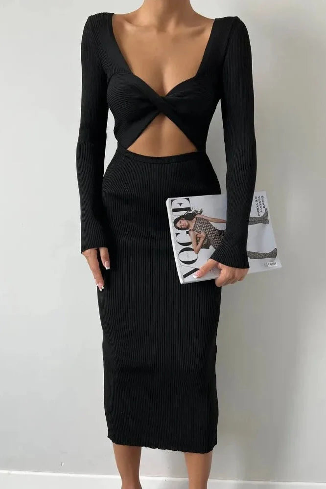 Hollow Out Long Sleeve Patchwork Slim Midi Dress