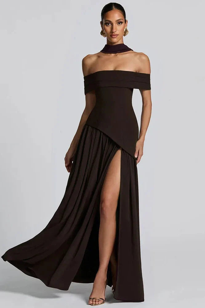 Off-Shoulder Backless Strapless Sleeveless Pleated High Split Maxi Dress