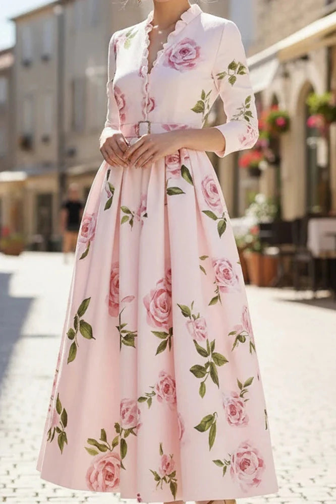 Elegant High Waist A-Line V-Neck Printed Long Sleeve Pleated Midi Dress