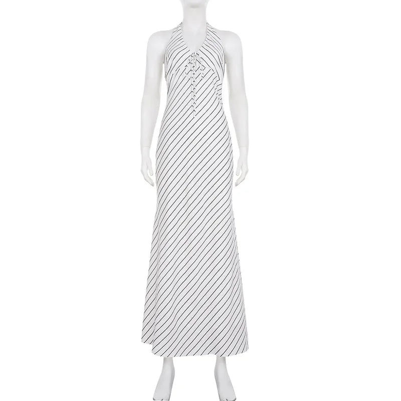 Striped Lace-Up V-Neck Sleeveless Slim Maxi Dress