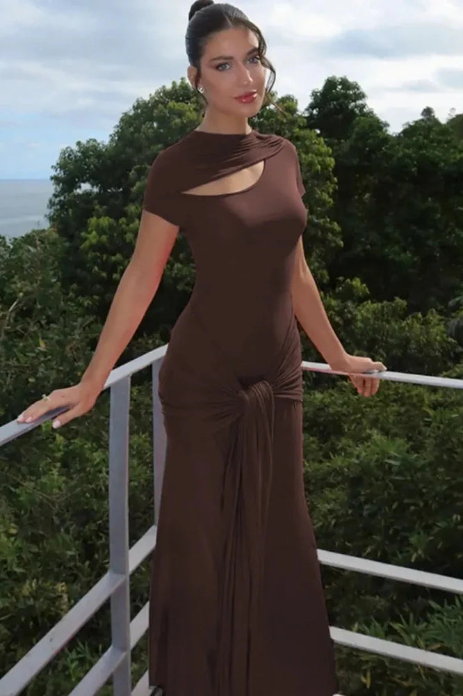 Hollow Out Short Sleeve Turtleneck Bodycon Maxi Dress