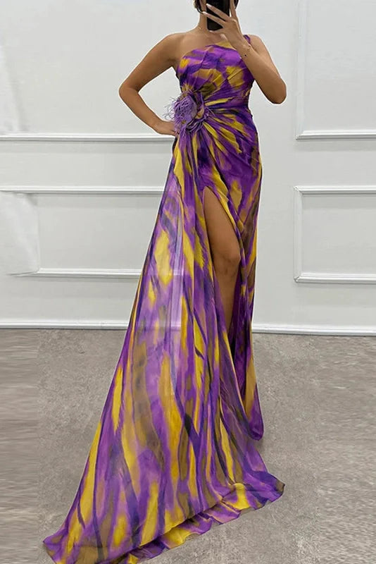 Sleeveless Backless High Split Printed One Shoulder Maxi Dress