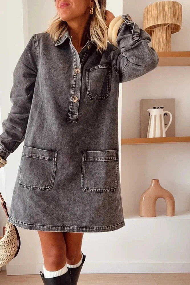 Elegant Long Sleeve Pocket High Waist Loose Printed Mini Dress