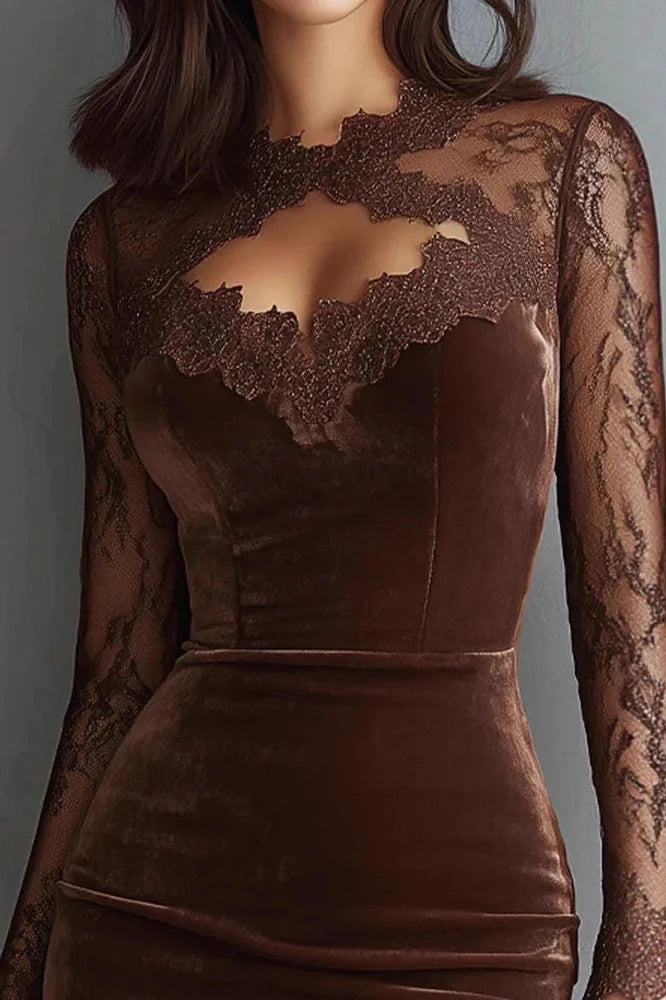 Lace Hollow Out See-Through Sleeve Slim High Waist Midi Dress