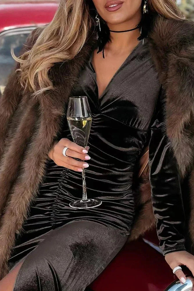 Long Sleeve High Waist Split V-Neck Pleated Midi Dress