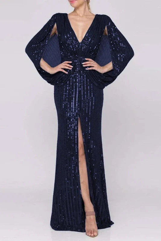 V-Neck High Waist Sleeves Pleat Maxi Dress